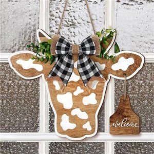 Cow Head Door Wreath Sign Welcome Front Door Hanger Farmhouse,13.4 x 11 Inches